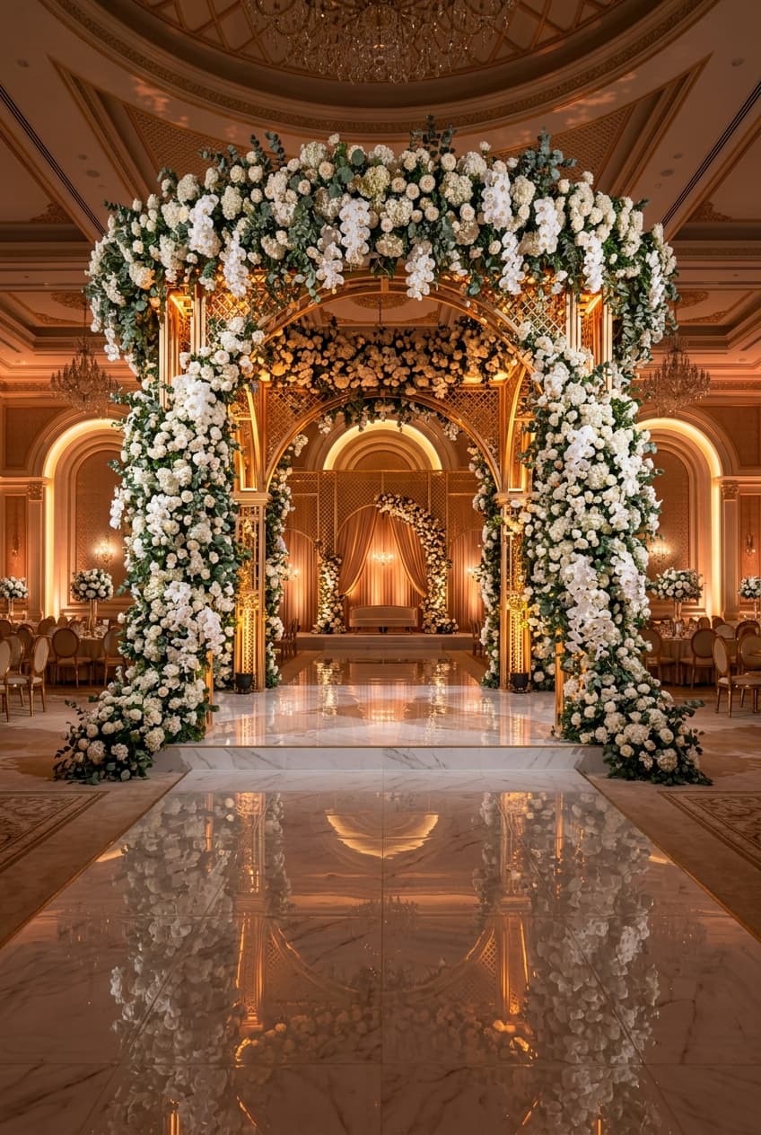 Opulent luxury wedding floral stage archway with cascading white orchids