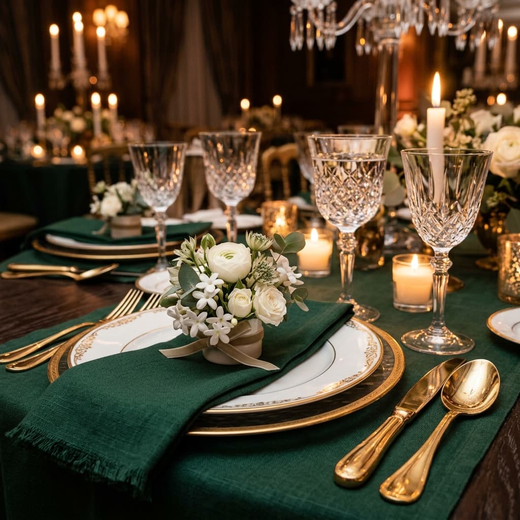 Macro photograph of luxury place setting with emerald napkin and crystal glassware