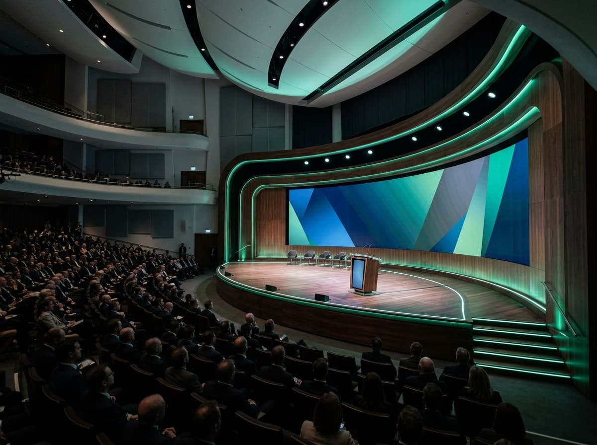 Corporate plenary stage with curved emerald screen and executive podium