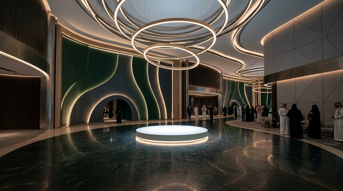 Exclusive product launch reveal environment with curved emerald panels