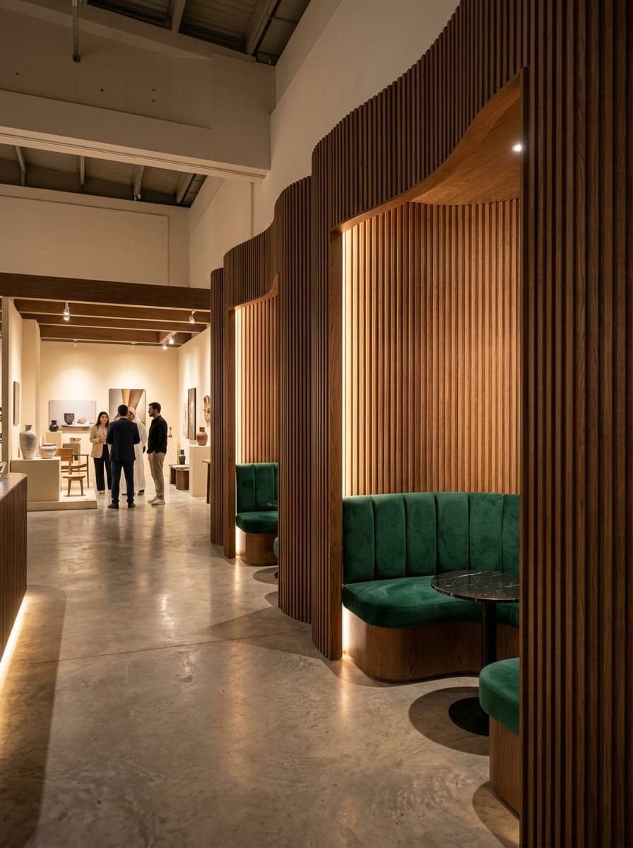 Contemporary exhibition pavilion with ribbed timber alcoves and emerald seating