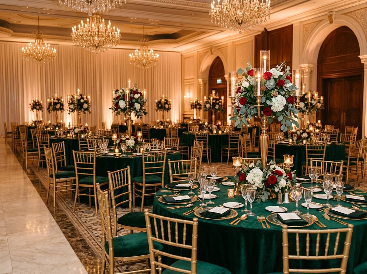 Anniversary celebration ballroom with emerald linens and tall candelabras