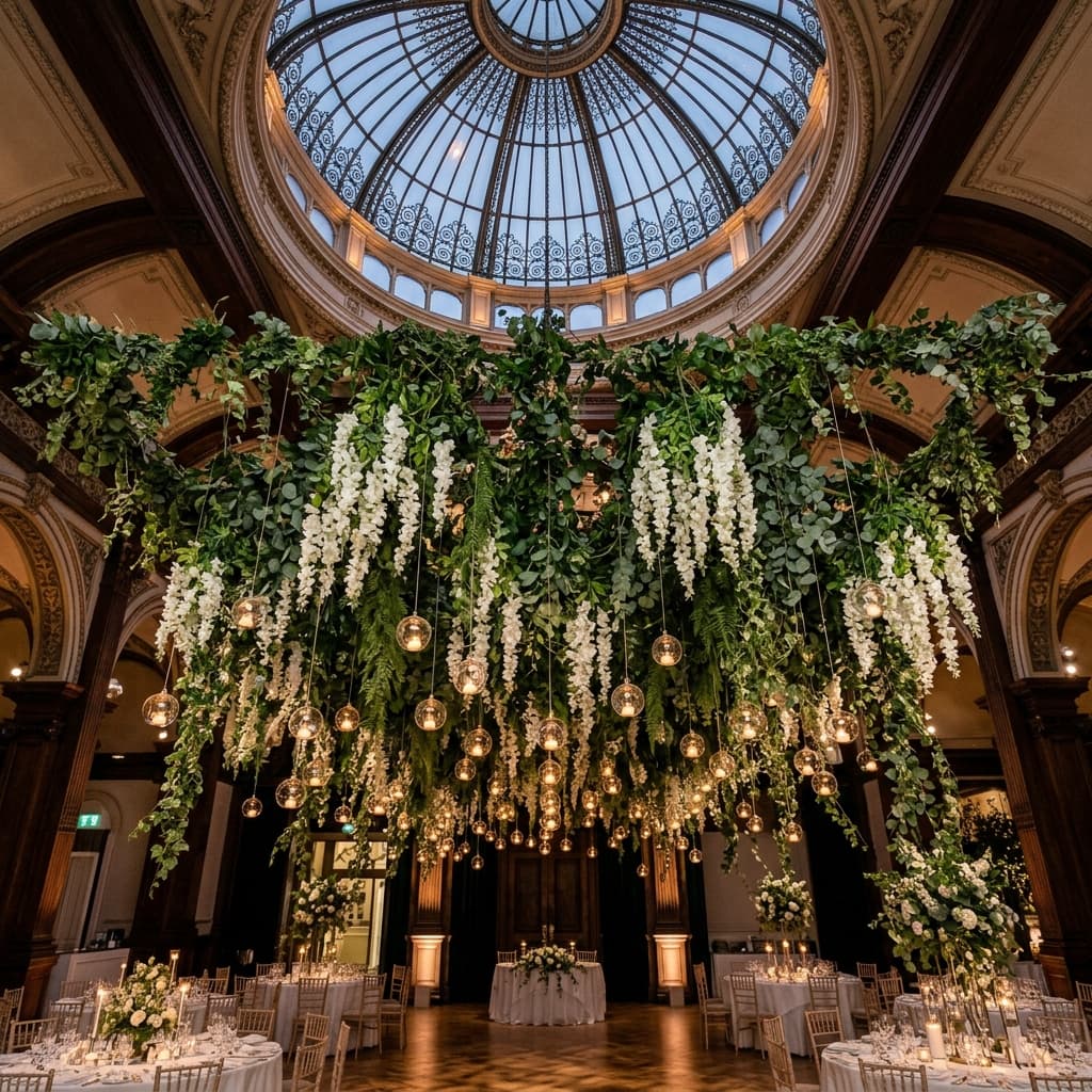 Luxury event suspended botanical ceiling installation with crystal globes