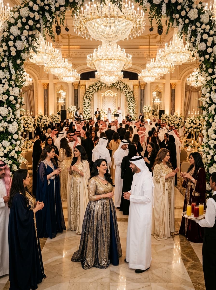 Grand celebration ballroom with majestic floral arch and crystal chandeliers
