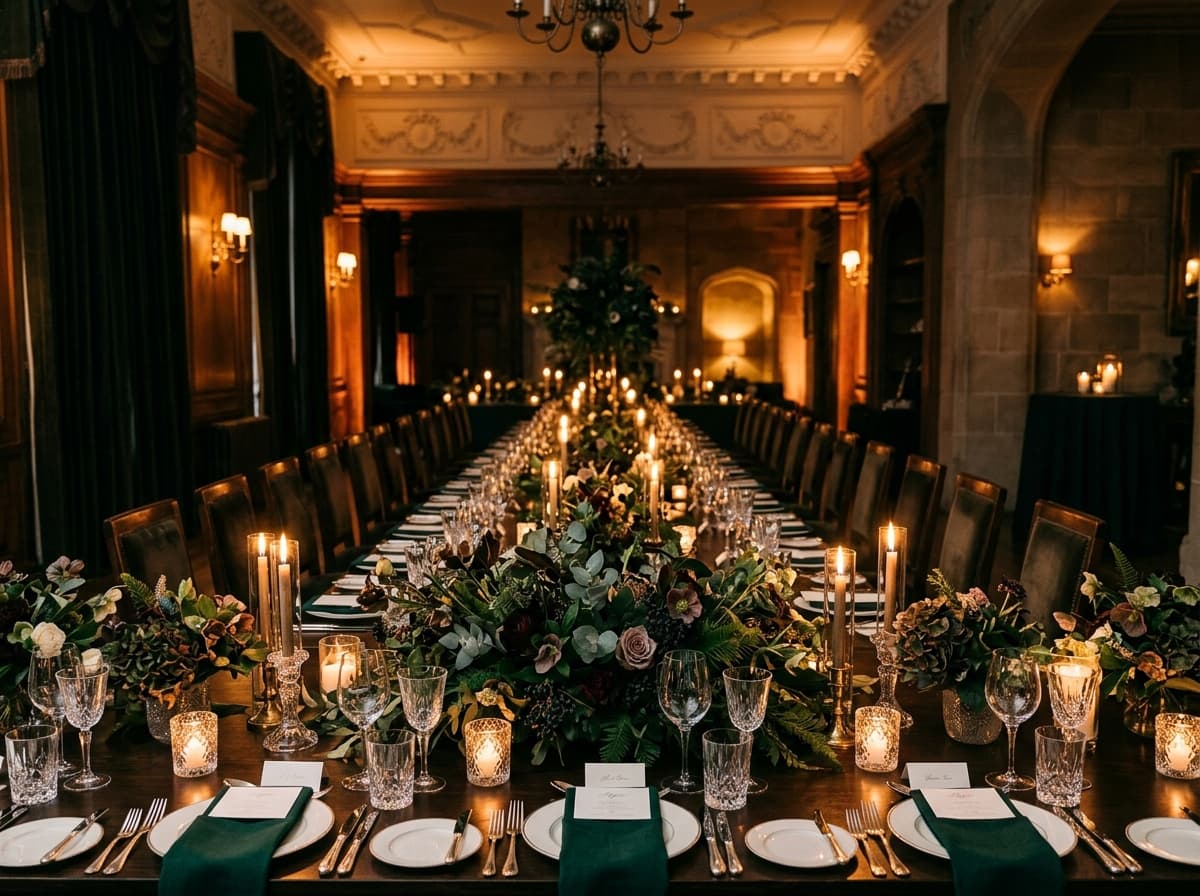 Atmospheric evening event dining table with warm candlelight and botanical decor